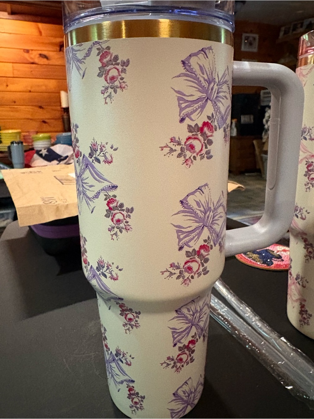 Floral Lavender & Blue Insulated Travel Mug with Handle 40oz